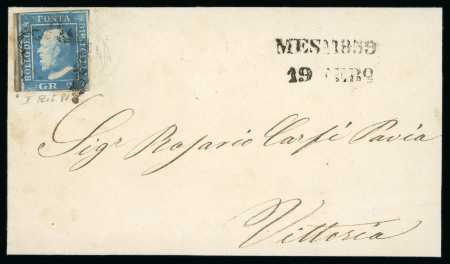 1859 2 Gr. Plate II, cobalt-blue (cobalto), position 81 showing retouch, on 1859 folded cover to cover to Vittoria   A scarce and attractive item, clearly displaying this recorded retouched position on cover.