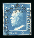 Stamp of Italian States » Sicily » 2 Grana, Plate II » Retouches Sicily 1859 2 Gr. plate II, ultramarine (azzuro oltremare), used single with four good margins, showing position 83 retouch, very fine and scarce.