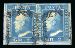 1859 2 Gr. Plate II, ultramarine (azzurro oltremare), two examples on small fragment, one stamp being position 83 showing retouch