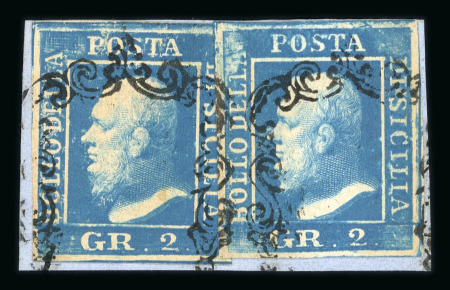 1859 2 Gr. Plate II, ultramarine (azzurro oltremare), two examples on small fragment, one stamp being position 83 showing retouch