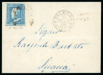 1859 2 Gr. Plate II, blue (azzurro), porous paper (PA), position 83 showing retouch, with good to close margins, on cover dated 9 March to Sciacca. Tied by a misplaced framed cancellation, with part oval-framed MARSALA d