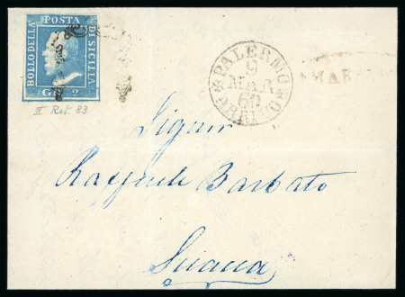 1859 2 Gr. Plate II, blue (azzurro), porous paper (PA), position 83 showing retouch, with good to close margins, on cover dated 9 March to Sciacca. Tied by a misplaced framed cancellation, with part oval-framed MARSALA d