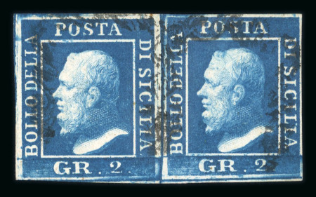 1859 2 Gr. Plate III, very deep blue (azzurro scurissimo), horizontal pair with good margins all round. Fine used example.   A scarce and attractive multiple of this distinctive and highly desirable shade.
