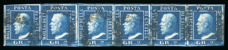Stamp of Italian States » Sicily » 2 Grana, Plate III » Stamps Sicily 1859 2 Gr. plate III, very dark blue (azzurro scurissimo) used horizontal strip of six, believed to be the largest recorded used multiple of this shade