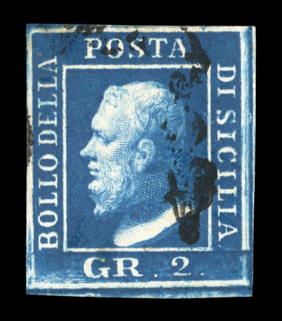 1859 2 Gr. Plate III, very deep blue (azzurro scurissimo), position 94, with good to large margins. Fine used example in a rich, intense shade.   A particularly attractive stamp, distinguished by its deep colour and exce