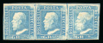 1859 2 Gr. Plate II, light blue (azzurro chiaro), horizontal strip of three showing interspazio di gruppo, positions 4-6, mint with original gum. The right-hand stamp with light gum wrinkle.   A scarce and attractive mul
