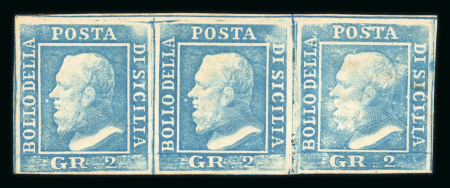 1859 2 Gr. Plate II, light blue (azzurro chiaro), horizontal strip of three showing interspazio di gruppo, positions 4-6, mint with original gum. The right-hand stamp with light gum wrinkle.   A scarce and attractive mul