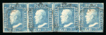 1859 2 Gr. Plate III, greenish-blue (azzurro verdastro), horizontal strip of four, position 34-37, showing interspazio di gruppo, with good to large margins. Fine used example.   A rare and attractive multiple, particula