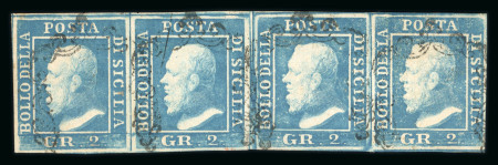1859 2 Gr. Plate III, greenish-blue (azzurro verdastro), horizontal strip of four, position 34-37, showing interspazio di gruppo, with good to large margins. Fine used example.   A rare and attractive multiple, particula