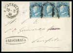 1859 2 Gr. Plate II, greenish-blue (azzurro verdastro), horizontal strip of three, postions 92-94, on entire dated 10 March to Leonforte. Red oval-framed Assicurata handstamp at lower left and Catania despatch handstamp 