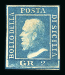 1859 2 Gr. Plate III, greenish-blue (azzurro verdastro), position 26, with four good margins. Fresh unused example with large part original brownish gum.  A particularly attractive stamp, distinguished by its fresh colou
