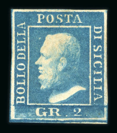 1859 2 Gr. Plate III, greenish-blue (azzurro verdastro), position 26, with four good margins. Fresh unused example with large part original brownish gum.  A particularly attractive stamp, distinguished by its fresh colou