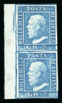 1859 2 Gr. Plate III, blue (azzurro), vertical left sheet marginal pair, positions 61/71. Fresh mint example with original white gum, the lower stamp never hinged. Usual gum wrinkles..   A scarce and attractive positiona