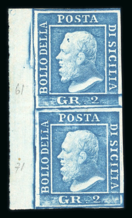 1859 2 Gr. Plate III, blue (azzurro), vertical left sheet marginal pair, positions 61/71. Fresh mint example with original white gum, the lower stamp never hinged. Usual gum wrinkles..   A scarce and attractive positiona