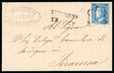 1859 2 Gr. Plate III, blue (azzurro), on cover dated 12 December from the Sardinian Consulate in Messina to the Sardinian Consulate in Syracuse. Consular handstamp on reverse, struck across the flap join and consequently