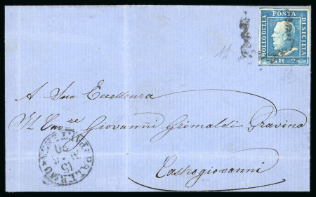 1859 2 Gr. Plate III, blue (azzurro), with four good margins, on cover to Castrogiovanni. Cancelled by an inverted framed handstamp.   A fine and attractive single-franking cover, made particularly interesting by the unu