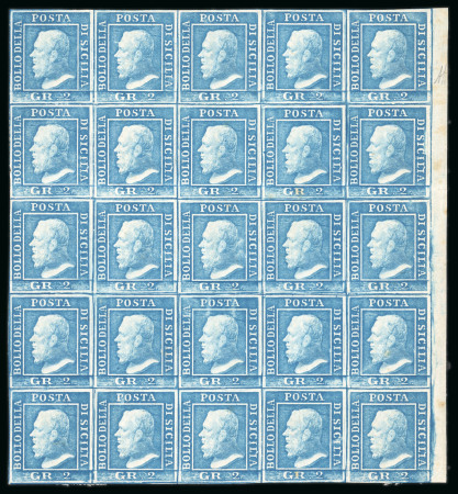 Stamp of Italian States » Sicily » 2 Grana, Plate III » Stamps Sicily 1859 2 Gr. plate III, light blue (azzurro chiaro), mint with original white gum, a right-hand sheet marginal block of twenty-five