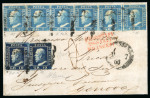 Stamp of Italian States » Sicily » 2 Grana, Plate III » Covers 1859 2 Gr. plate III, light blue (azzurro chiaro), very rare horizontal strip of six, positions 11-16, plus a horizontal pair of the 10Gr. black indigo (indaco nero) (position 11 retouch), on 1860 (9.7) cover to Genova, 