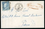 1859 2 Gr. Plate III, light blue (azzurro chiaro), positional 100, showing a worn impression (stampa secca), on cover dated 2 February 1860 to Palermo. Red oval-framed CANICATTÌ despatch handstamp, with Palermo arrival c