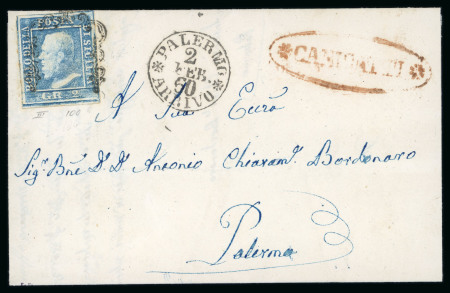 1859 2 Gr. Plate III, light blue (azzurro chiaro), positional 100, showing a worn impression (stampa secca), on cover dated 2 February 1860 to Palermo. Red oval-framed CANICATTÌ despatch handstamp, with Palermo arrival c