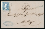 SCIACCA 1859 2 Gr. Plate III, blue (azzurro), position 1, top left corner sheet marginal example on entire to Milazzo, with four good margins. Struck by a straight-line blue SCIACCA handstamp at right. Fine condition.  A