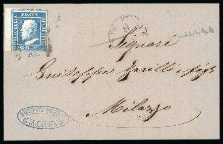 SCIACCA 1859 2 Gr. Plate III, blue (azzurro), position 1, top left corner sheet marginal example on entire to Milazzo, with four good margins. Struck by a straight-line blue SCIACCA handstamp at right. Fine condition.  A