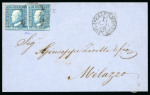1859 2 Gr. Plate III, blue (azzurro), horizontal pair on double-weight cover dated 17 April to Milazzo. Cancelled by a single framed handstamp, with Palermo despatch cds at right.  A fine and attractive double-rate cover