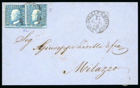 1859 2 Gr. Plate III, blue (azzurro), horizontal pair on double-weight cover dated 17 April to Milazzo. Cancelled by a single framed handstamp, with Palermo despatch cds at right.  A fine and attractive double-rate cover