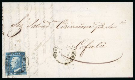 Stamp of Italian States » Sicily » 2 Grana, Plate III » Covers Sicily 1859 2Gr plate III azzurro Palermo to cefalu cover only cancelled  Palermo Partenza