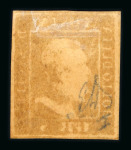 1859 5 Gr. Plate I, dark carmine (carminio scuro), with four good margins. Unused with the characteristic brownish original gum. Small stain on the cheek, otherwise very fine and scarce.  A fresh and attractive example o