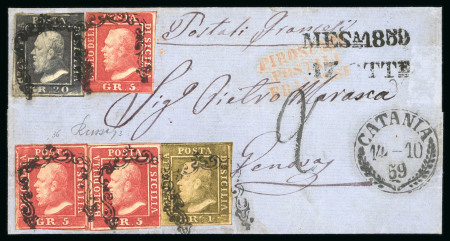 Stamp of Italian States » Sicily » 20 Grana » Covers 1859 (14.10) Folded letter sheet to Genova, franked 20 Gr. dark slate (ardesia scuro), 5 Gr. dark carmine (caminio scuro)(3) and 1 Gr. plate II, each with frame cancel, endorsed "postali francesi", Catania despatch and M