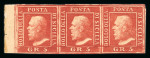 1859 5 Gr. Plate I, blood-red (rosso sangue), left-hand sheet marginal horizontal strip of three, positions 21-23, with slightly rough but generally good margins. Fresh mint multiple with original brownish gum.  A rare a