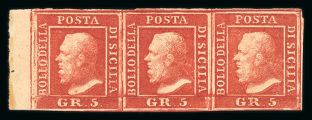 1859 5 Gr. Plate I, blood-red (rosso sangue), left-hand sheet marginal horizontal strip of three, positions 21-23, with slightly rough but generally good margins. Fresh mint multiple with original brownish gum.  A rare a