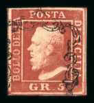 1859 5 Gr. Plate I, blood-red (rosso sangue), with four good to large margins. Fine used example.  A particularly attractive stamp of this desirable shade, showing excellent colour and overall appearance.  Expertise: Cer