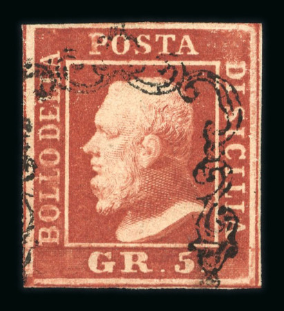 1859 5 Gr. Plate I, blood-red (rosso sangue), with four good to large margins. Fine used example.  A particularly attractive stamp of this desirable shade, showing excellent colour and overall appearance.  Expertise: Cer