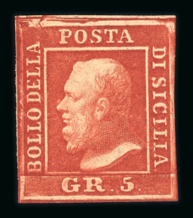Stamp of Italian States » Sicily » 5 Grana, Plate I » Stamps Sicily 1859 5 Gr. plate I, blood red (rosso sangue), position 6, mint with usual original brownish gum, four good margins,  fresh, very fine and a rare mint shade.