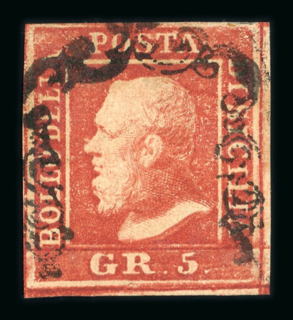 1859 5 Gr. Plate I, blood-red (rosso sangue), with four good to large margins. Fine used example, cancelled by a large part framed handstamp, leaving the portrait remarkably clear.   A particularly attractive stamp of th
