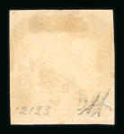 1859 5 Gr. Plate I, blood-red (rosso sangue), with four good to large margins. Fine used example, cancelled by a large part framed handstamp, leaving the portrait remarkably clear.   A particularly attractive stamp of th