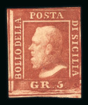 Stamp of Italian States » Sicily » 5 Grana, Plate I » Stamps 1859 5 Gr. plate I, reddish brown (rosso brunastro), mint with usual original brownish gum, close to large bottom margins, small part marginal at base, very fine and an extremely rare shade.