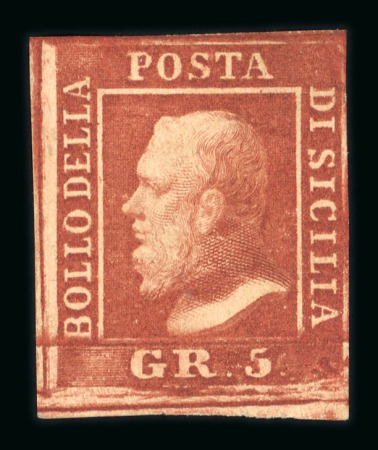Stamp of Italian States » Sicily » 5 Grana, Plate I » Stamps 1859 5 Gr. plate I, reddish brown (rosso brunastro), mint with usual original brownish gum, close to large bottom margins, small part marginal at base, very fine and an extremely rare shade.