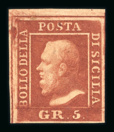1859 5 Gr. Plate I, brownish-red (rosso brunastro), top left corner sheet marginal example from position 1, with original brownish gum. Fresh, very fine, and an exceptionally rare shade.  A remarkable positional piece, c