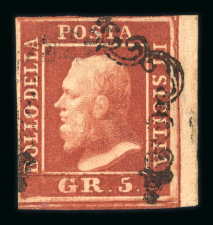 Stamp of Italian States » Sicily » 5 Grana, Plate I » Stamps Sicily 1859 5Gr. plate I, brownish red (rosso brunastro), position 70, right sheet marginal single, used framed cancel, very fine and an extremely rare shade.