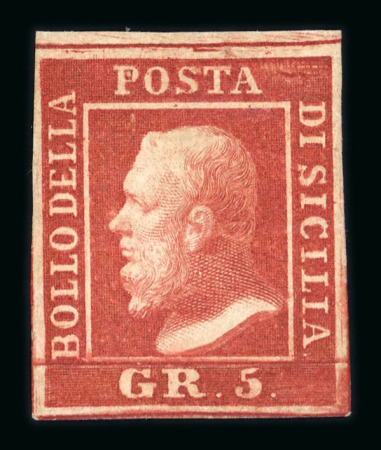 1859 5 Gr. Plate I, carmine (carminio), position 6, with close to large margins. Fresh mint example with original brownish gum.  A fine and attractive example of this popular value, showing excellent freshness and colour