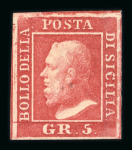 Stamp of Italian States » Sicily » 5 Grana, Plate I » Stamps Sicily 1859 5 Gr. plate I, carmine (carminio), mint with usual brownish original gum, four good even margins, small staining on cheek, very fine and scarce.