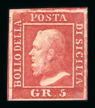 Stamp of Italian States » Sicily » 5 Grana, Plate I » Stamps Sicily 1859 5 Gr. plate I, carmine (carminio), mint with usual brownish original gum, four good even margins, small staining on cheek, very fine and scarce.