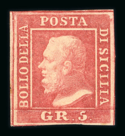 Stamp of Italian States » Sicily » 5 Grana, Plate I » Stamps Sicily 1859 5 Gr. plate I, carmine pink (rosa carminio), mint single with usual brownish original gum, good even margins, very fine and scarce.
