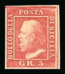 1859 5 Gr. Plate I, carmine-rose (rosa carminio), with close to good margins. Fresh mint example with original brownish gum.  A fine and attractive example of this delicate shade, showing excellent freshness and well-pre