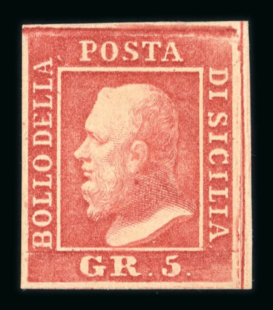 1859 5 Gr. Plate I, carmine-rose (rosa carminio), with close to good margins. Fresh mint example with original brownish gum.  A fine and attractive example of this delicate shade, showing excellent freshness and well-pre