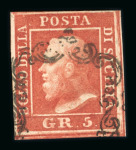 1859 5 Gr. Plate I, vermilion-rose (rosa vermiglio), position 70, with four margins. Fine used example.  A particularly attractive stamp of this distinctive shade, with excellent overall appearance.   Expertise: Signed "