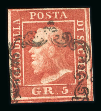 1859 5 Gr. Plate I, vermilion-rose (rosa vermiglio), position 70, with four margins. Fine used example.  A particularly attractive stamp of this distinctive shade, with excellent overall appearance.   Expertise: Signed "